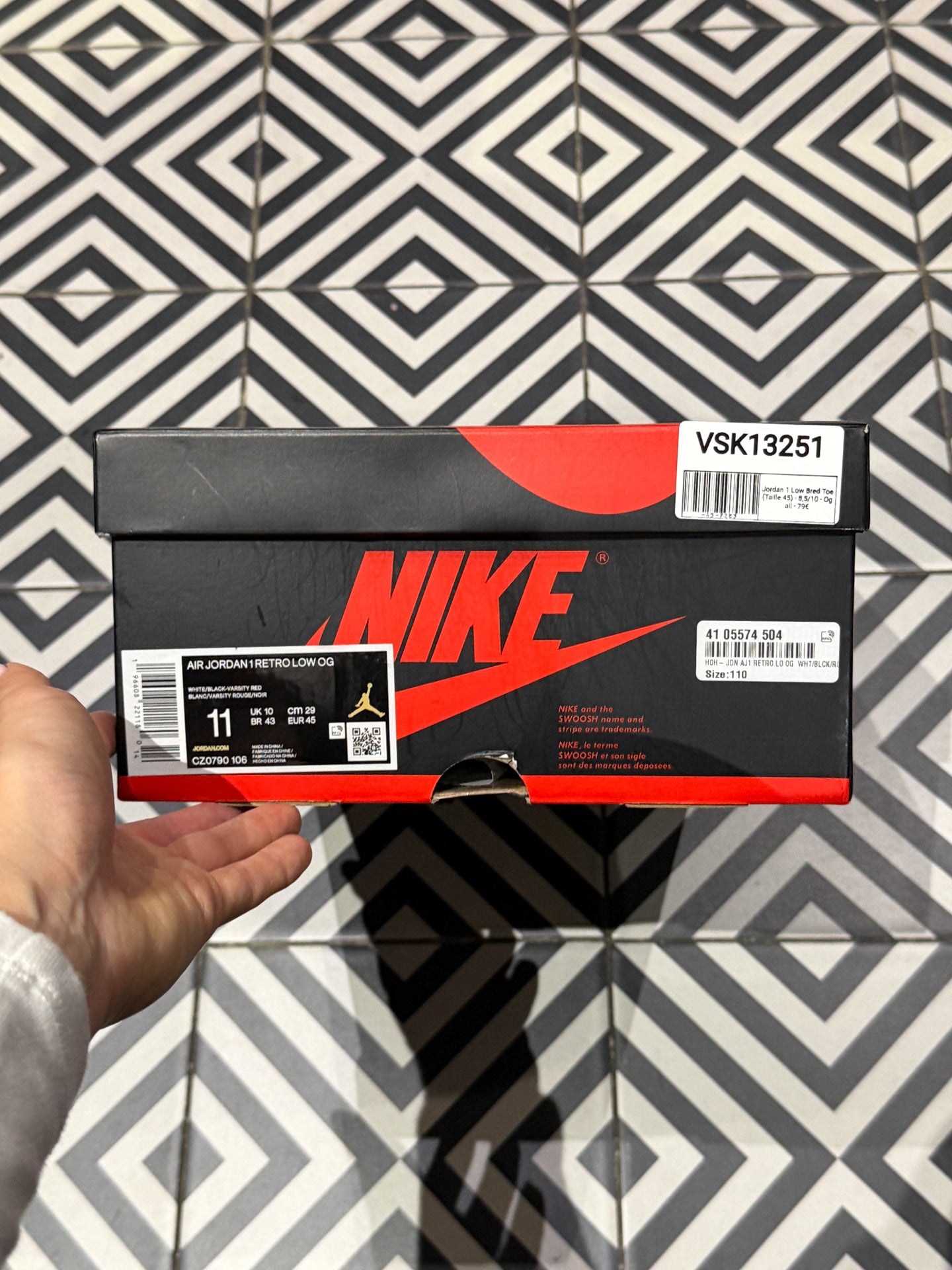 Jordan 1 Low Bred Toe (Taille 45)